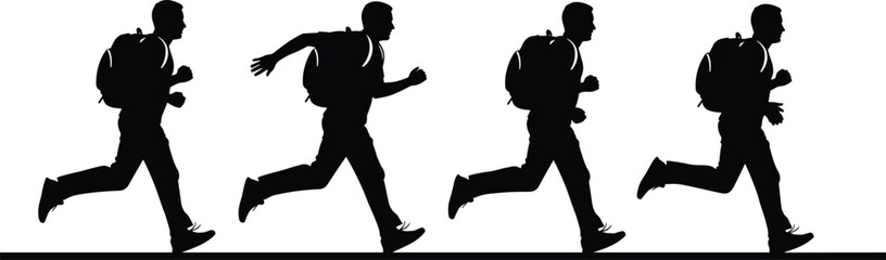 Black silhouette vector set of five young men standing in various casual poses, featuring diverse fashion and body language, representing modern youth culture isolated on white background.