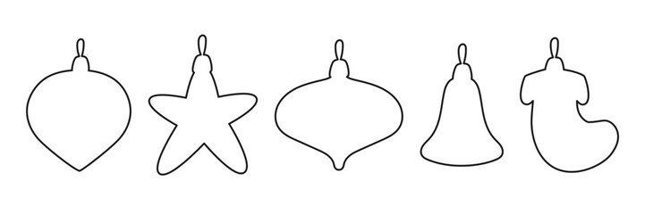 Christmas Ornament Outline Drawings Set. Minimal Line Art Icons with Heart, Star, Bauble, Bell and Stocking for Coloring Books, DIY Crafts and Holiday Graphics