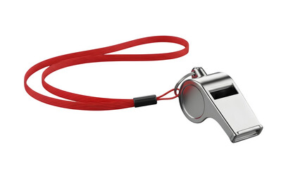 Fototapeta premium Silver Referee Whistle with Red Lanyard - Sports Coach, Match Start, Game Official, Sound Alert, Training Signal & Metal Tool