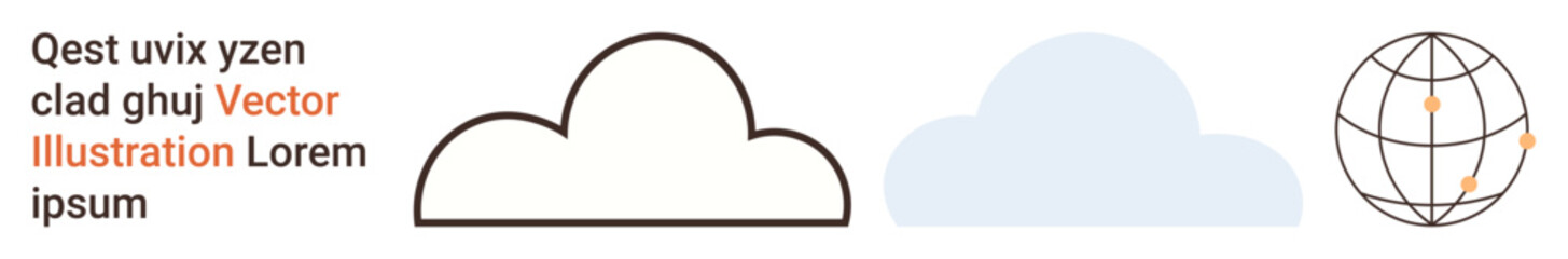 Cloud computing, global connectivity, data sharing, digital technology, network management, futuristic design. Outlined cloud, filled cloud globe with markers. Cloud computing and global