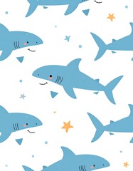 Obraz premium Adorable cartoon sharks swimming among stars and triangles
