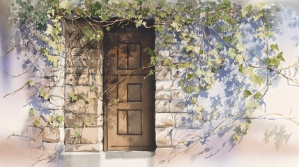Naklejka premium Charming rustic watercolor door framed by ivy on an aged stone wall evokes gentle pastoral beauty