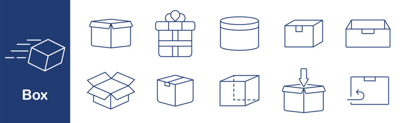Box set icon. Closed, open, gift, round, storage, shipping, delivery, cardboard, container, return, movement, shape, parcel, organize, send, unpack.
