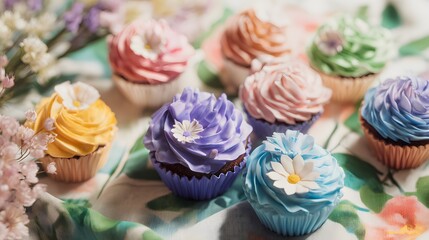 Beautiful pastel cupcakes bloom amidst flowers a sweet artistic dessert photography scene