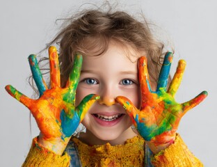 Young caucasian girl smiling with painted hands, bright colors, creative expression