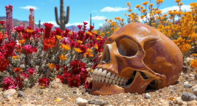 Forgotten human skull rests in a blooming desert, a stark reminder of mortality within vibrant life
