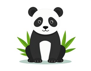 Obraz premium Adorable panda illustration with bamboo leaves, front view, white backdrop