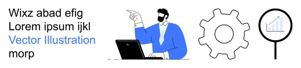 Business innovation, growth analysis, technology, team collaboration, productivity, problem-solving. Person at desk pointing, gear and magnifier with chart icon. Growth analysis and business