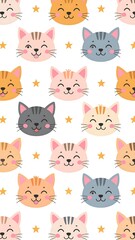 Adorable repeating pattern of smiling cartoon cat faces with star shapes