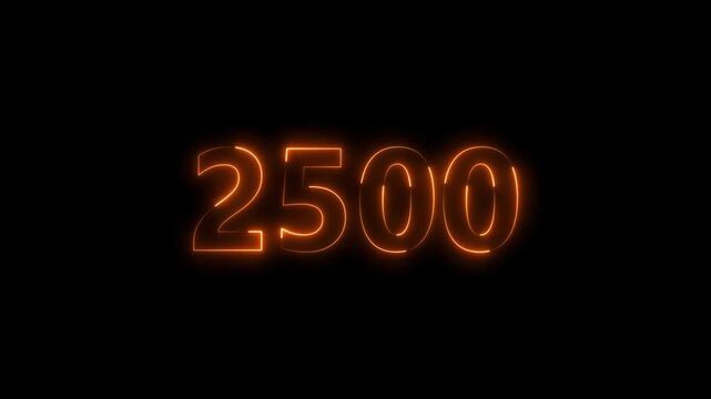 Number 2500 neon bright orange color animation 4k video.