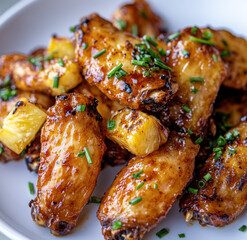 Spicy Pineapple Chicken Wings With Sticky Glaze And Herb Garnish On White Plate

