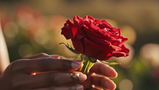 African American woman's hands gently caressing a vibrant red rose in a sunlit garden for romance and delicate care concept, close up.