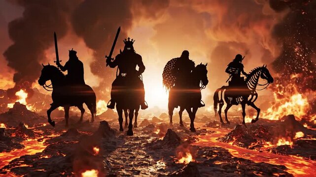 Silhouetted Horsemen Ride Through Explosive Fiery Volcanic Hellscape with Molten Lava