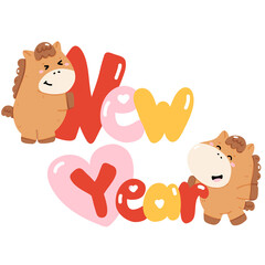 Fototapeta premium Happy New Year 2026 Typography with Cute Horse Cartoon Characters
