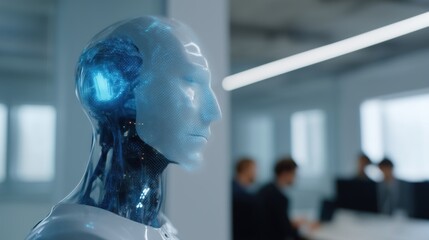 Futuristic humanoid robot standing in a collaborative office space, showcasing advancements in artificial intelligence and automation for future business operations with human colleagues