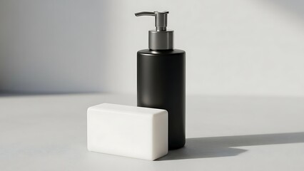 Obraz premium A black soap dispenser and white bar soap on a clean surface.