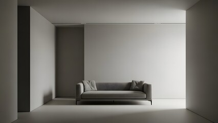 Minimalist modern living room interior with grey sofa against empty wall in a bright studio
