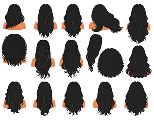 Assortment of diverse hairstyles featuring variations of flowing black hair