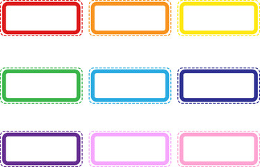 Set of colorful rounded rectangle label frames with dashed borders on black background.
Perfect for name tags, stickers, UI elements, kids design, school materials, signage and digital templates.