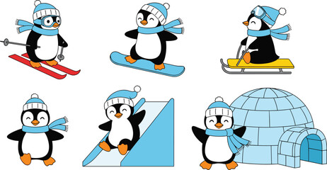 Cute cartoon penguins enjoying winter activities skiing snowboarding sledding sliding ice igloo illustration set for children education holiday design playful vector character collection colorful