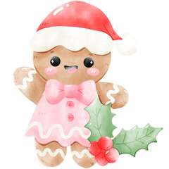 Watercolor Illustration of a Gingerbread Girl with Holly