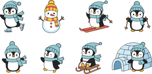 Cute winter penguin cartoon illustration set with snowman, skiing, sledding, ice igloo playful characters for christmas holiday kids design vector sticker clipart nursery art © Shammi's World