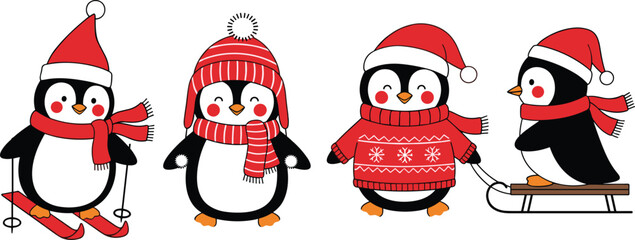 Cute winter penguin cartoon characters wearing christmas hats scarves skiing sledding festive holiday illustration for kids greeting cards posters prints vector design isolated white