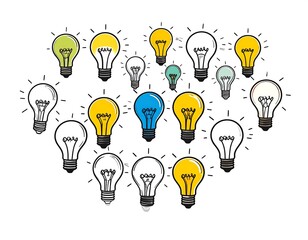 Assortment of light bulbs in various colors, radiating energy