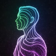 Glowing particle head with flowing lines, a digital representation of human anatomy.