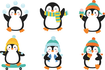 Cute winter penguin cartoon set, playful penguin characters wearing hats scarves gloves, funny holiday illustration collection for kids, Christmas design, cold season concept