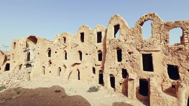 Ruined ghorfas in Fortified Ksar Mgabla Berber settlement, Tataouine, southeast Tunisia