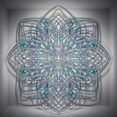 Geometric mandala design in soft blues and greens, creating a symmetrical pattern.