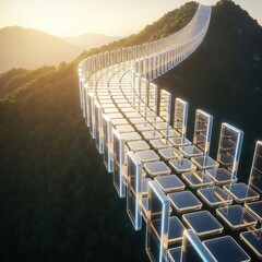 Futuristic glass road on a mountain ridge with forest and sky, technology concept.