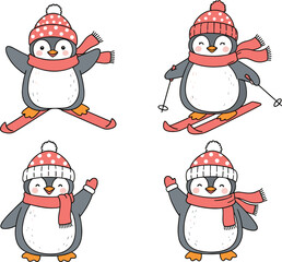 Cute winter penguin illustration set, playful cartoon penguins wearing scarf hat, skiing jumping waving poses, kids holiday design, Christmas cold season art