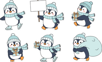 Cute winter penguin illustration set, festive cartoon characters wearing scarves hats, holding gifts sign, holiday Christmas New Year design elements isolated white background