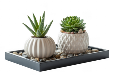 Two small potted succulents on a tray with pebbles potted plants white pots isolated on a transparent background