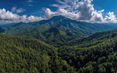 Fototapeta premium Expansive vista showcasing verdant mountains, under a dynamic sky filled with fluffy clouds, emphasizing nature's grandeur