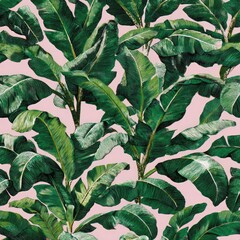 Lush, repeating pattern of emerald green banana leaves against a soft pink backdrop, evoking tropical vibes