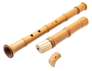 Bamboo instrument, three separate parts, holes, isolated on white