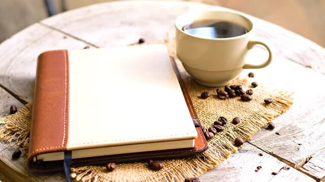Steaming coffee in a beige mug, a leather-bound notebook, and scattered coffee beans on wood