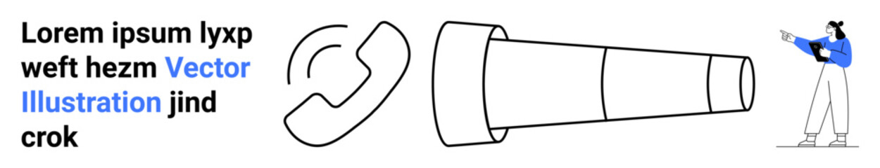 Person exploring with telescope, phone receiver, and text elements. Ideal for exploration, communication, teamwork, navigation, strategy, technology concepts and simple landing page