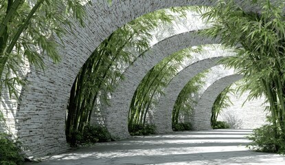 Serene architectural passage of white arched structures lined with bamboo and lush foliage, creating a tunnel effect