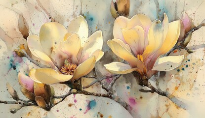 Soft watercolor illustration of magnolia blossoms in warm hues, with buds and branches. Splattered paint adds a dreamy touch
