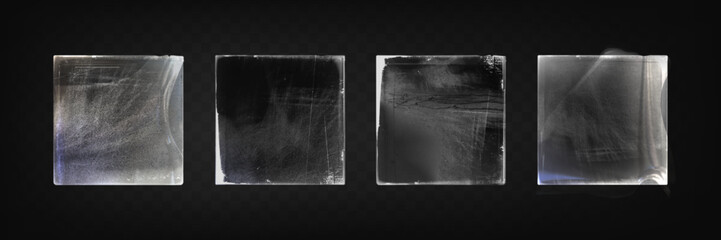 Vinyl plastic wraps with realistic wrinkles and creases on dark bg. Clear polyethylene film covers with glossy texture, scratches and distressed surface effects - mockup sleeves for CD album packaging