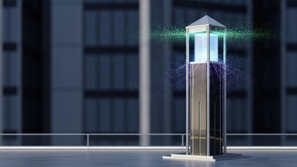 Futuristic air purifier tower on a rooftop with particle effects, clean air concept.