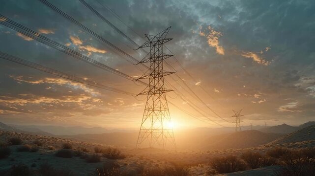 Sustainable power expansion high voltage transmission tower in desert sunset with glowing sky, dramatic clouds, distant hills and warm light
