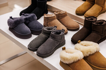 A variety of suede winter slippers and ankle boots in earthy shades with plush lining are neatly arranged on a store display. No visible logos or trademarks © ugis