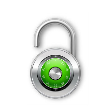 Secure Access: An open padlock with a green dial indicates unlocking, symbolizing security, data protection and authorization.