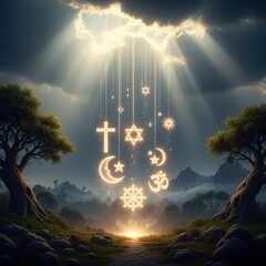 Religious symbols hang from the sky in a nature setting, representing diverse faiths.
