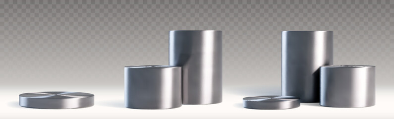 Silver metal cylinder podium set with 3d steel round stands - platform stages in various heights on transparent background. Modern chrome product pedestal mockup for showcase and exhibition layouts. © klyaksun